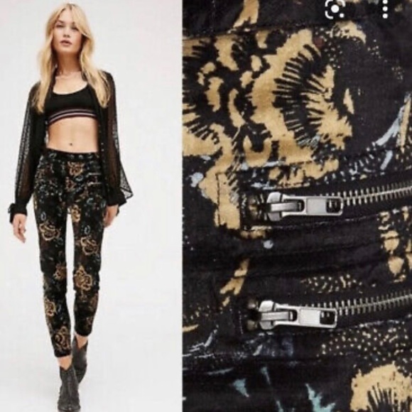 Free People Pants - FREE PEOPLE "Lennon" Stretch flocked velvet mid rise moto-inspired jeans